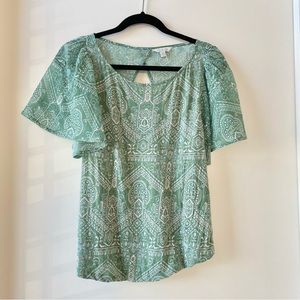 Lucky Brand Women’s Short Flutter Sleeve Boho Top Green White Size S/P